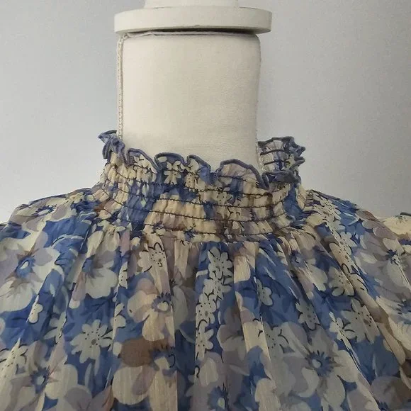 MELLODAY blue BLOUSE top FLORAL lined SMOCKED ruffles BLOUSE - Picture 2 of 12